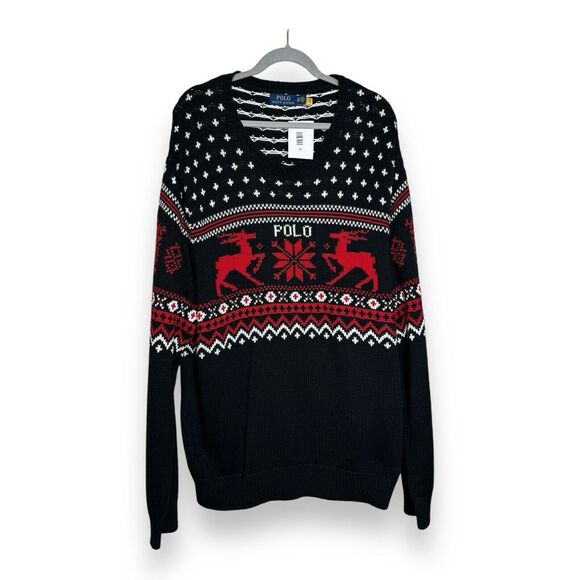 NWT POLO RALPH LAUREN Men's Black Cotton Cashmere Reindeer Crewneck Sweater 2XL - Picture 1 of 8